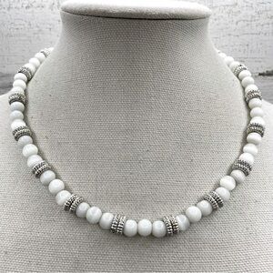 Beautiful Unsigned Artisan Silver Tone White Moon Light Beaded Bridal Necklace